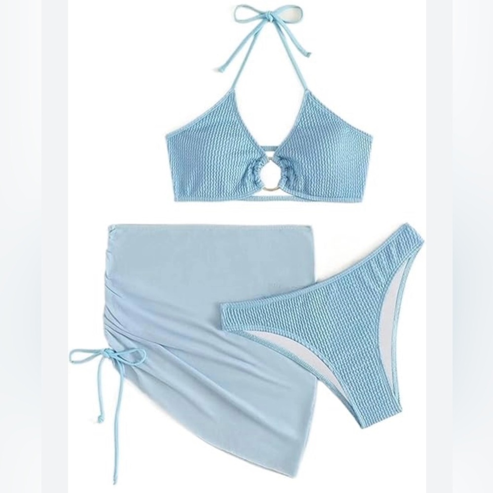 3pc Blue Halter High Cut Bottom Bikini Set with Cover Up - Picture 3 of 9